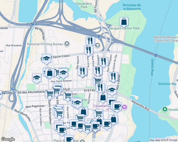 map of restaurants, bars, coffee shops, grocery stores, and more near 2 Rue de Verdun in Gatineau