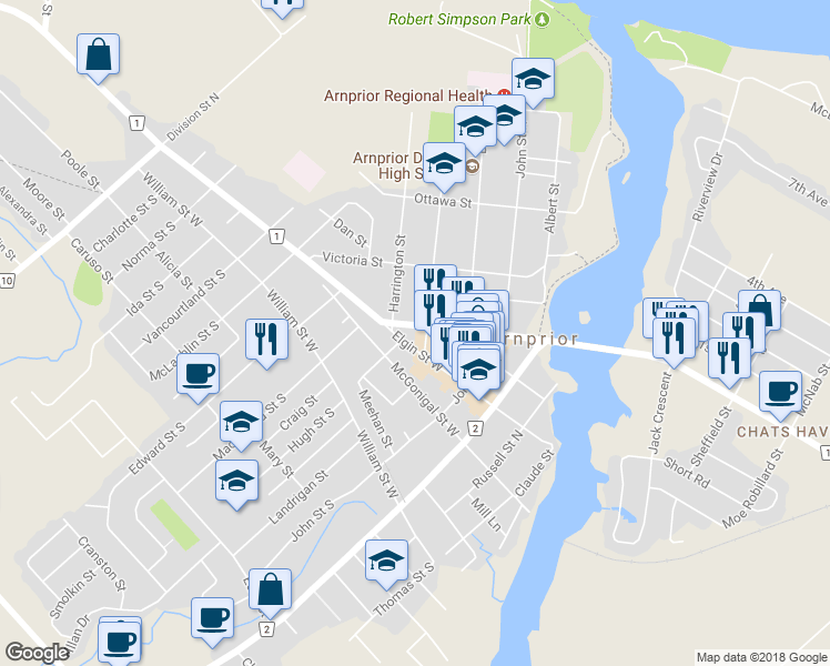 map of restaurants, bars, coffee shops, grocery stores, and more near 90 Madawaska Street in Arnprior