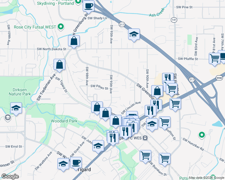 map of restaurants, bars, coffee shops, grocery stores, and more near 9465 Southwest Tangela Court in Tigard