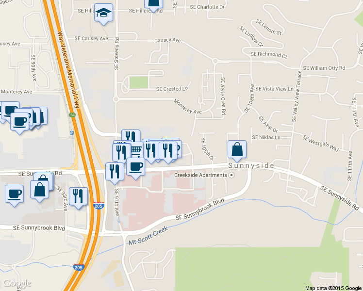 map of restaurants, bars, coffee shops, grocery stores, and more near 12153 Southeast 104th Court in Happy Valley