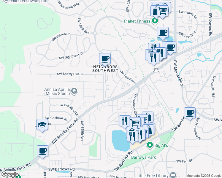 map of restaurants, bars, coffee shops, grocery stores, and more near 11657 Southwest Teal Boulevard in Beaverton