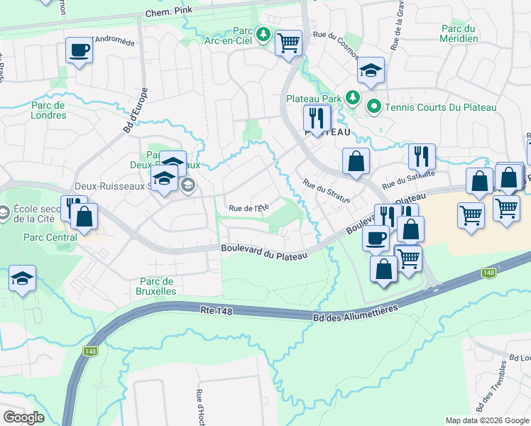 map of restaurants, bars, coffee shops, grocery stores, and more near 31 Rue de l'Été in Gatineau