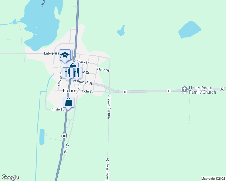 map of restaurants, bars, coffee shops, grocery stores, and more near W10285 County Road K in Elcho