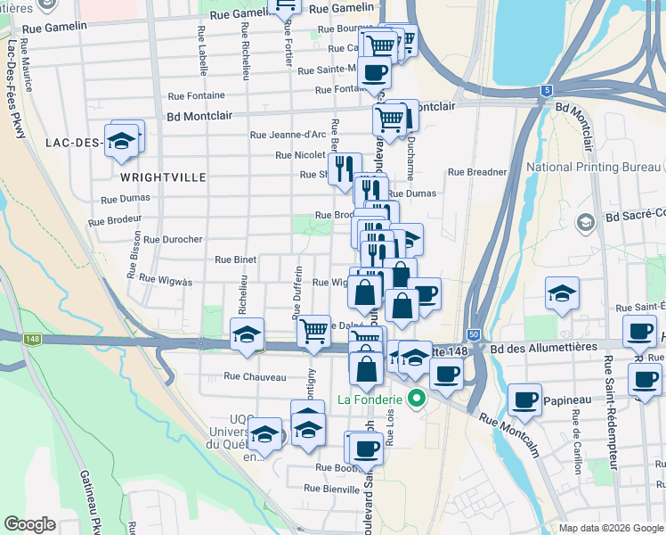 map of restaurants, bars, coffee shops, grocery stores, and more near 33 Rue Taschereau in Gatineau
