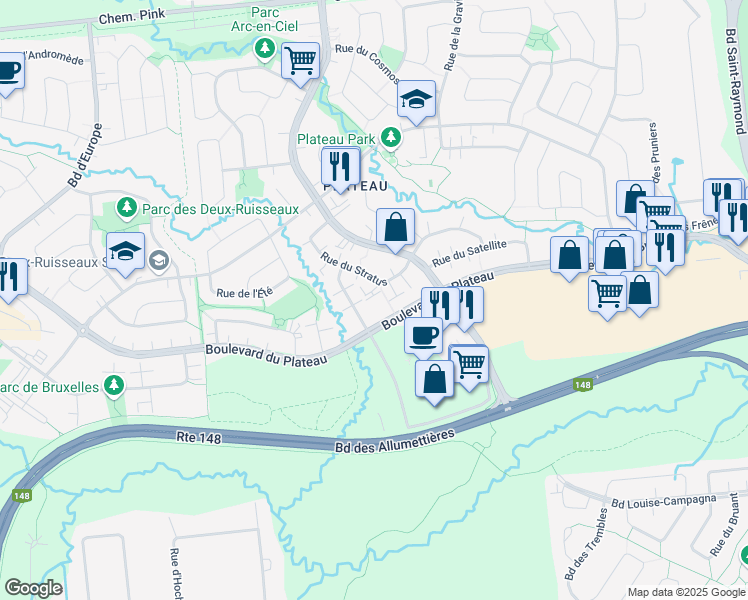 map of restaurants, bars, coffee shops, grocery stores, and more near 74 Rue du Stratus in Gatineau
