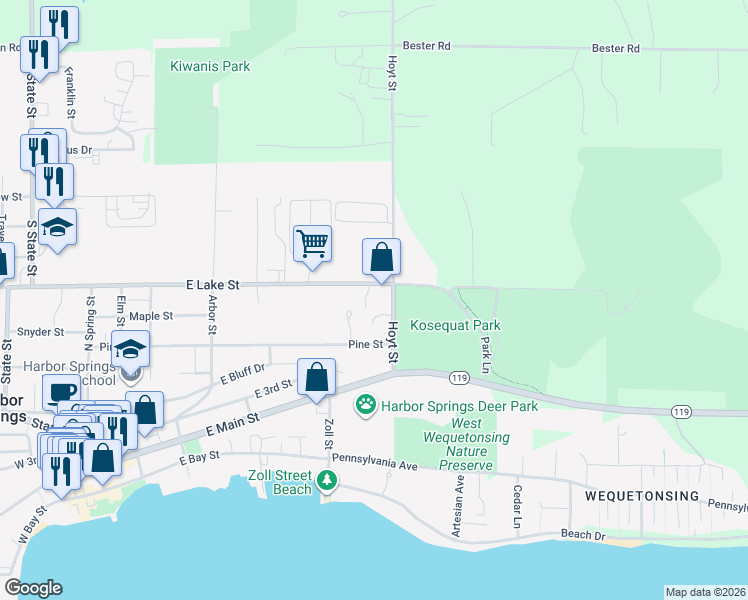 map of restaurants, bars, coffee shops, grocery stores, and more near 668 East Lake Street in Harbor Springs