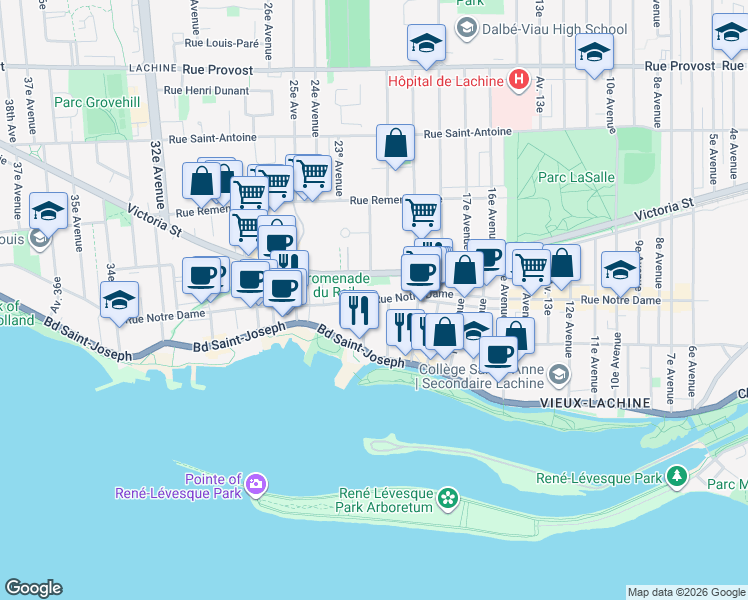 map of restaurants, bars, coffee shops, grocery stores, and more near 2055 Rue Notre Dame in Montréal