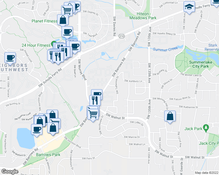map of restaurants, bars, coffee shops, grocery stores, and more near 14098 Southwest Springbrook Lane in Tigard