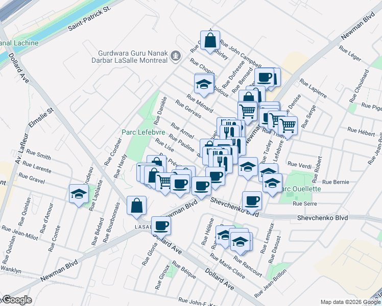 map of restaurants, bars, coffee shops, grocery stores, and more near 2170 Rue Pauline in Montréal
