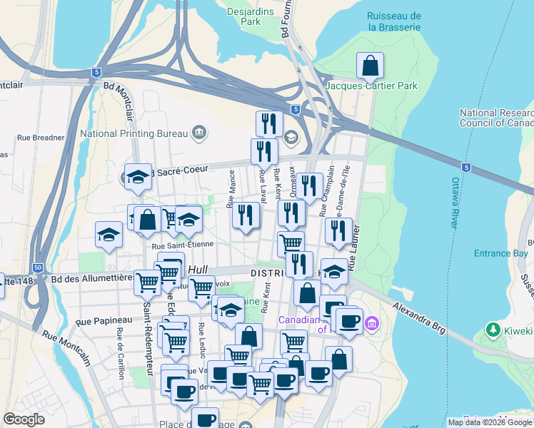 map of restaurants, bars, coffee shops, grocery stores, and more near 4 Rue de Verdun in Gatineau