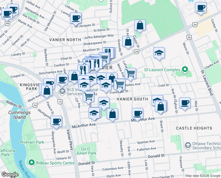 map of restaurants, bars, coffee shops, grocery stores, and more near in Ottawa