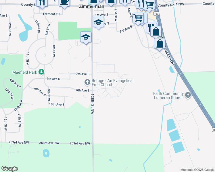 map of restaurants, bars, coffee shops, grocery stores, and more near 25629 3rd Street West in Zimmerman