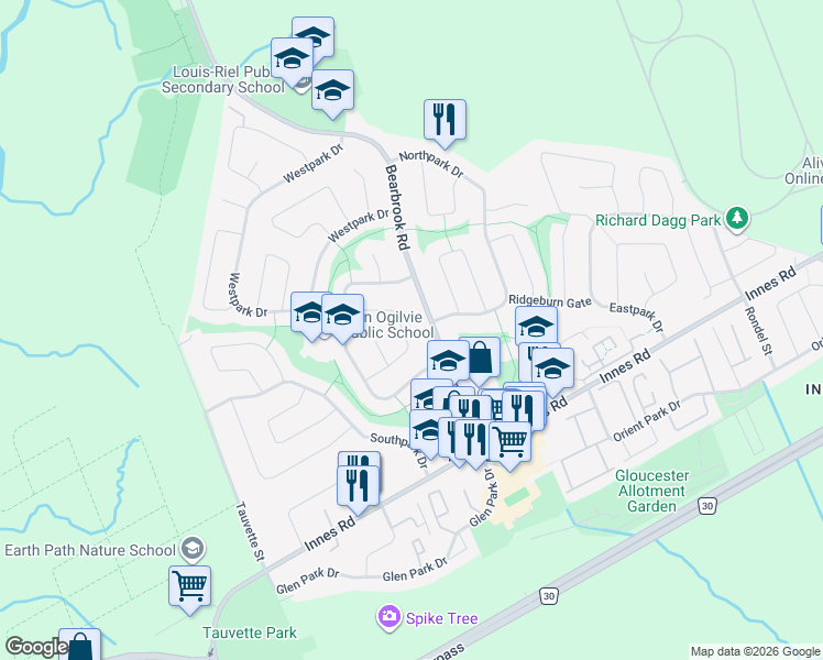 map of restaurants, bars, coffee shops, grocery stores, and more near 25 Silver Aspen Crescent in Ottawa