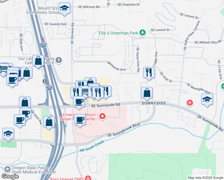 map of restaurants, bars, coffee shops, grocery stores, and more near 12208 Southeast 104th Court in Happy Valley