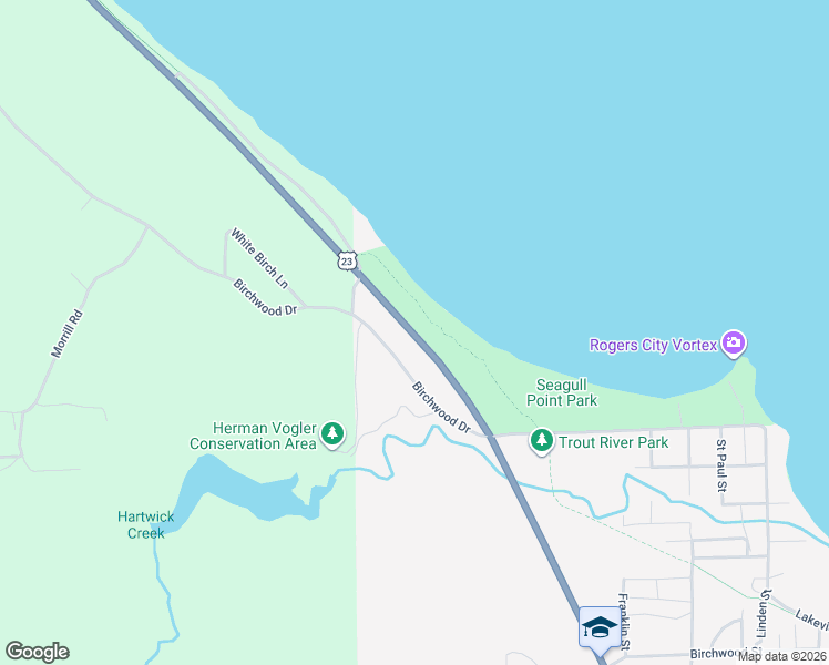 map of restaurants, bars, coffee shops, grocery stores, and more near Huron-Sunrise Trail in Rogers City