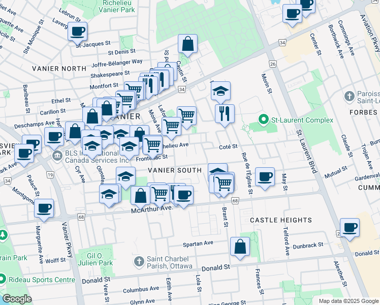 map of restaurants, bars, coffee shops, grocery stores, and more near 357 Gougeon Street in Ottawa