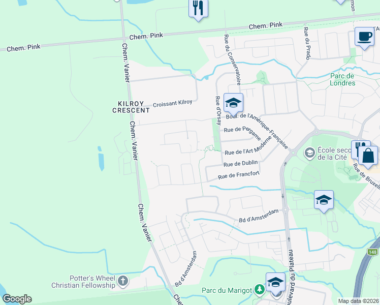 map of restaurants, bars, coffee shops, grocery stores, and more near 194 Rue du Pirée in Gatineau