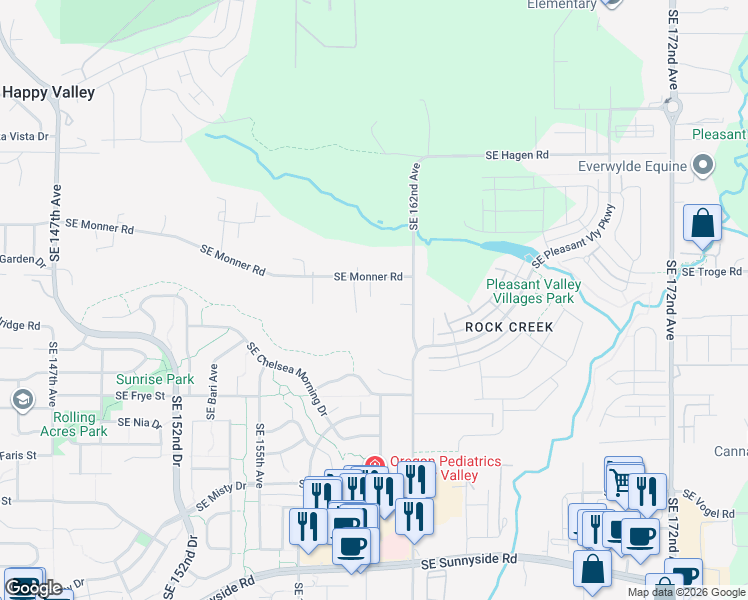 map of restaurants, bars, coffee shops, grocery stores, and more near 15978 Southeast Monner Road in Happy Valley