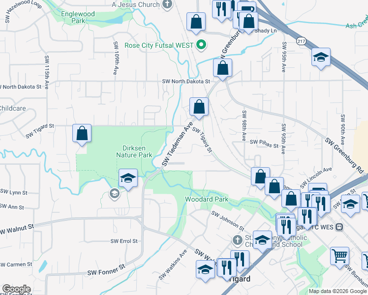 map of restaurants, bars, coffee shops, grocery stores, and more near 11742 Southwest Tiedeman Avenue in Tigard