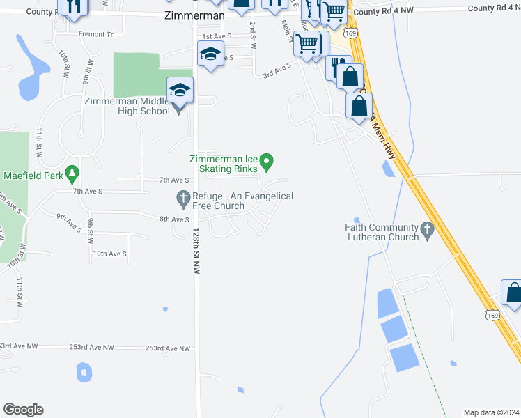 map of restaurants, bars, coffee shops, grocery stores, and more near 12606 Pond View Road in Zimmerman