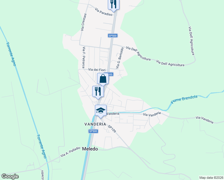map of restaurants, bars, coffee shops, grocery stores, and more near 17 Via dell' Industria in Meledo
