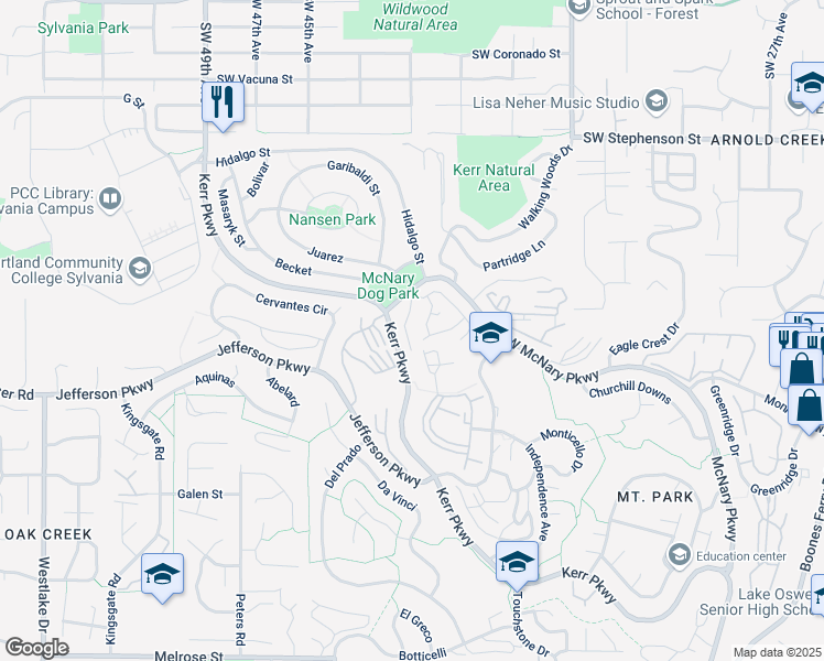 map of restaurants, bars, coffee shops, grocery stores, and more near 5 Summit Ridge Court in Lake Oswego