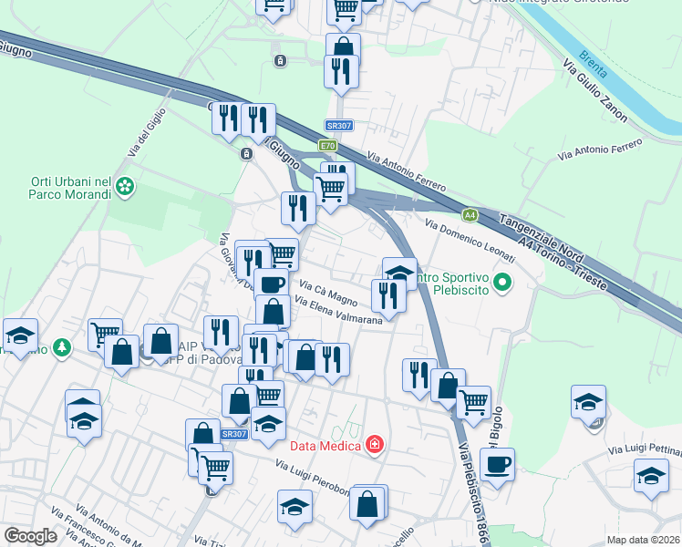 map of restaurants, bars, coffee shops, grocery stores, and more near 22 Via Camillo Aita in Padova