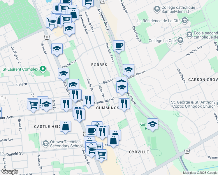 map of restaurants, bars, coffee shops, grocery stores, and more near 845 Borthwick Avenue in Ottawa