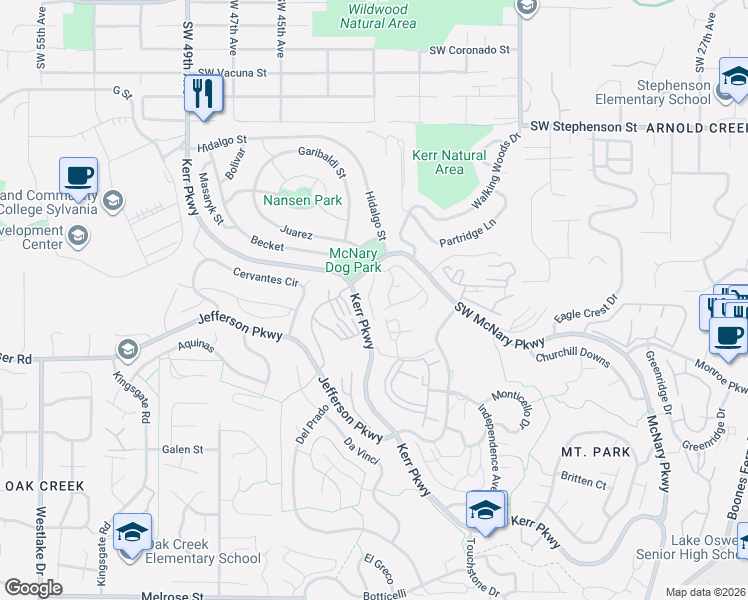 map of restaurants, bars, coffee shops, grocery stores, and more near 5 Summit Ridge Court in Lake Oswego