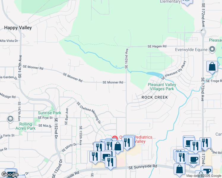 map of restaurants, bars, coffee shops, grocery stores, and more near 15978 Southeast Monner Road in Happy Valley