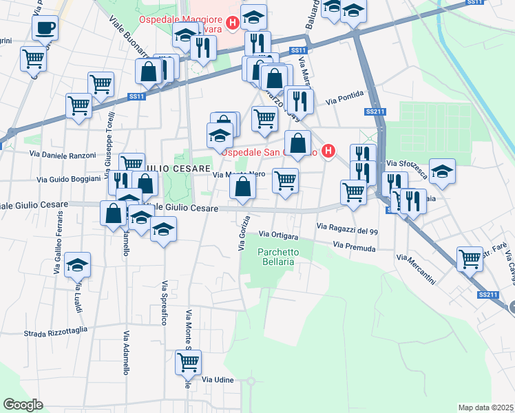 map of restaurants, bars, coffee shops, grocery stores, and more near 134 Viale Giulio Cesare in Novara