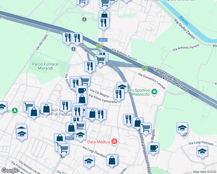 map of restaurants, bars, coffee shops, grocery stores, and more near 22 Via Camillo Aita in Padova