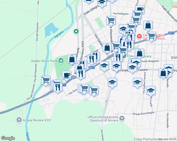 map of restaurants, bars, coffee shops, grocery stores, and more near 29 Corso Vercelli in Novara