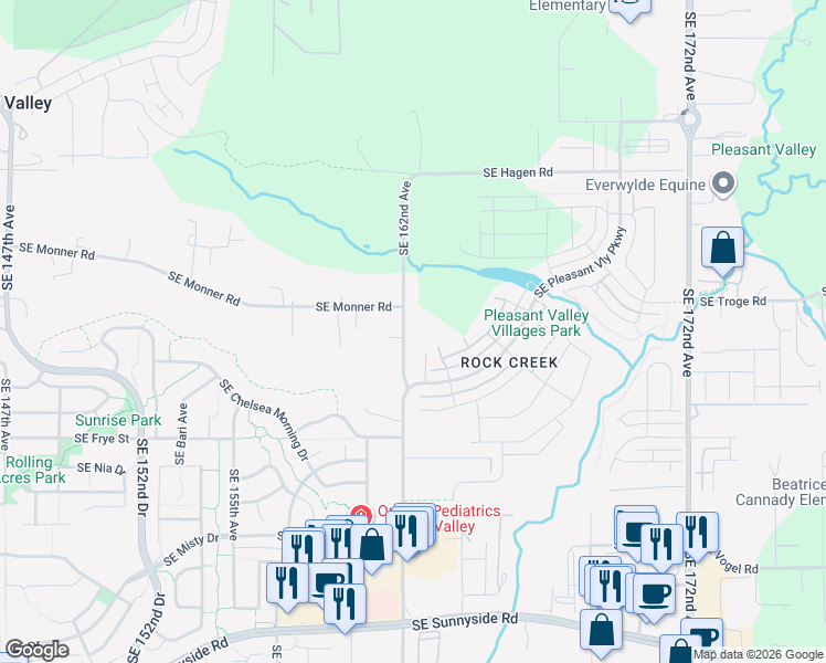 map of restaurants, bars, coffee shops, grocery stores, and more near 12170 Southeast 162nd Avenue in Happy Valley