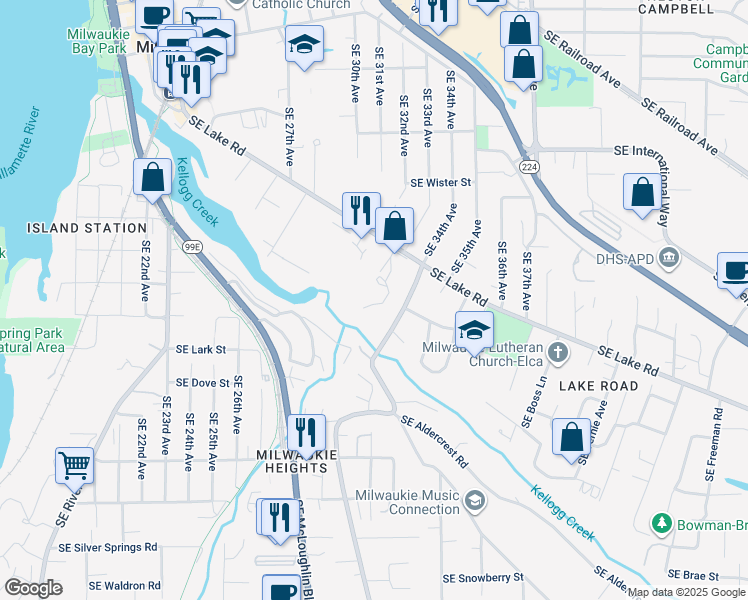 map of restaurants, bars, coffee shops, grocery stores, and more near 12222 Southeast 33rd Place in Milwaukie