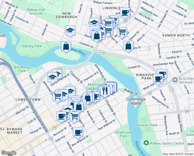 map of restaurants, bars, coffee shops, grocery stores, and more near in Ottawa