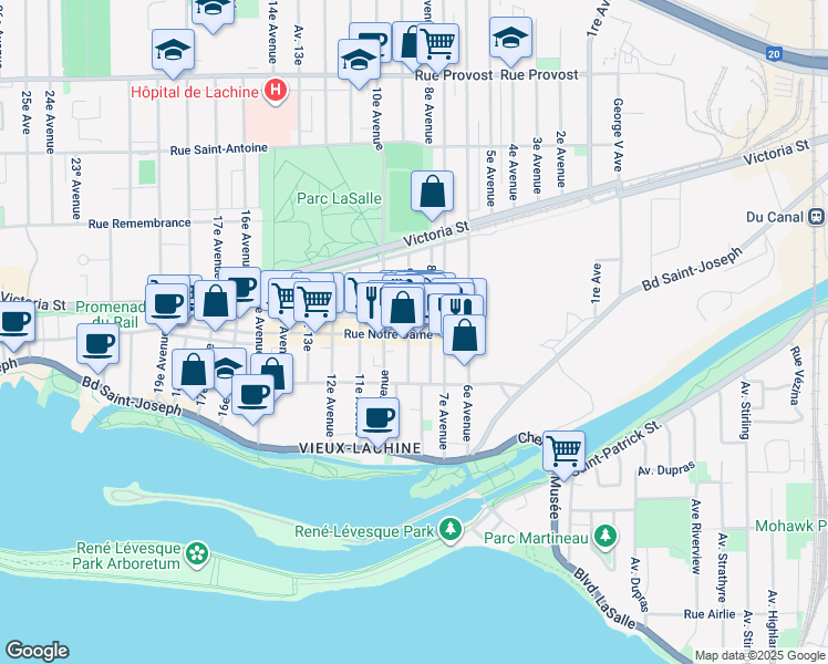 map of restaurants, bars, coffee shops, grocery stores, and more near 870 Rue Notre-Dame in Montréal