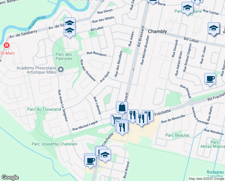 map of restaurants, bars, coffee shops, grocery stores, and more near 1474 Rue Noël Lareau in Chambly