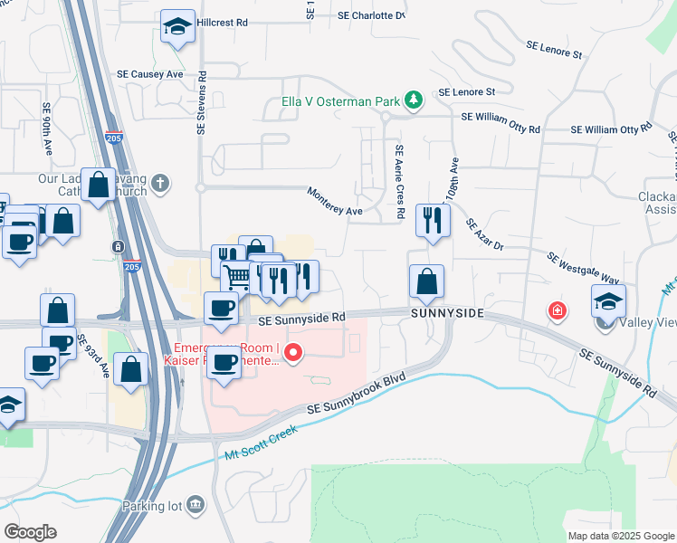 map of restaurants, bars, coffee shops, grocery stores, and more near 12208 Southeast 104th Court in Happy Valley