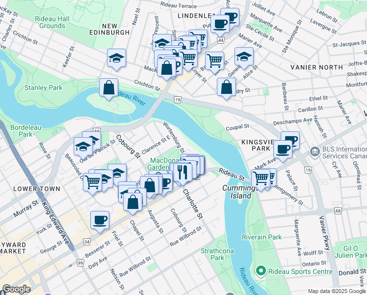 map of restaurants, bars, coffee shops, grocery stores, and more near 131 Wurtemburg Street in Ottawa