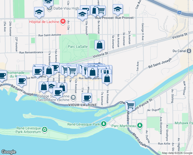 map of restaurants, bars, coffee shops, grocery stores, and more near 840 Rue Notre-Dame in Montréal