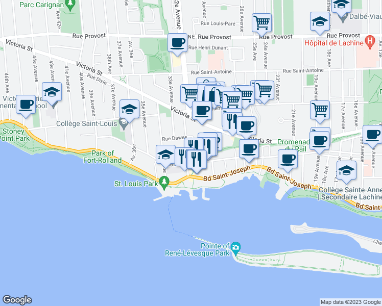 map of restaurants, bars, coffee shops, grocery stores, and more near 230 32e Avenue in Montréal