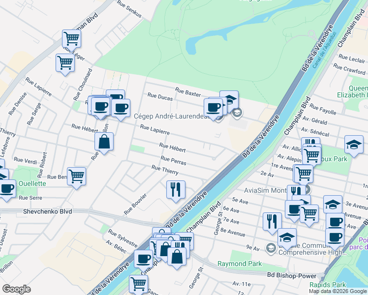 map of restaurants, bars, coffee shops, grocery stores, and more near 1351 Rue Hébert in Montréal