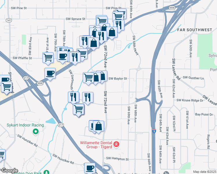 map of restaurants, bars, coffee shops, grocery stores, and more near 11754 Southwest 72nd Avenue in Tigard