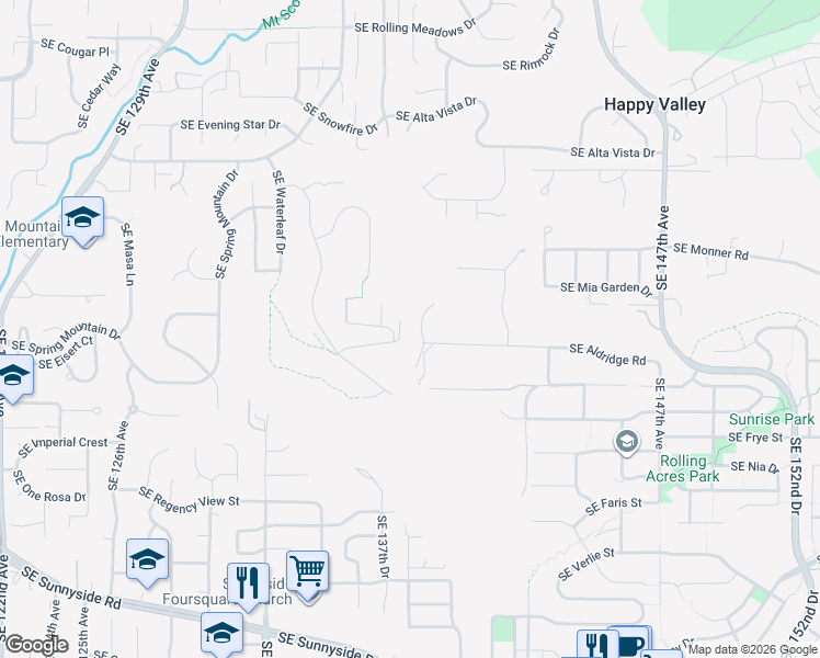 map of restaurants, bars, coffee shops, grocery stores, and more near 13805 Southeast Aldridge Road in Happy Valley