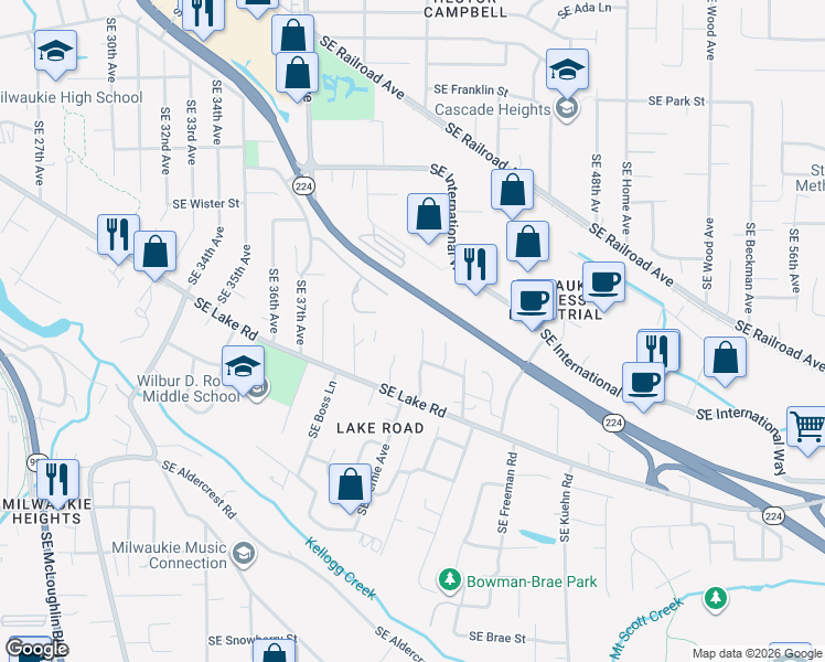 map of restaurants, bars, coffee shops, grocery stores, and more near 12255 Southeast 41st Court in Milwaukie