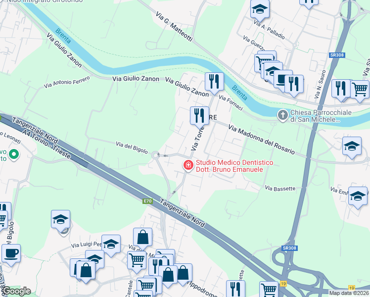 map of restaurants, bars, coffee shops, grocery stores, and more near 195A Via del Bigolo in Padova