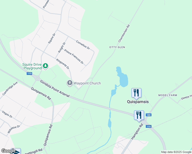 map of restaurants, bars, coffee shops, grocery stores, and more near 38 Chamberlain Road in Quispamsis