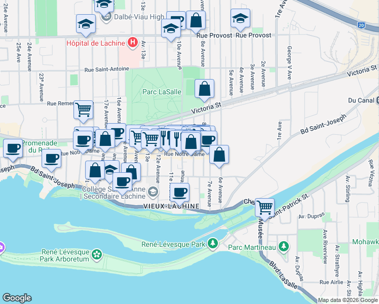 map of restaurants, bars, coffee shops, grocery stores, and more near 900 Rue Notre-Dame in Montréal