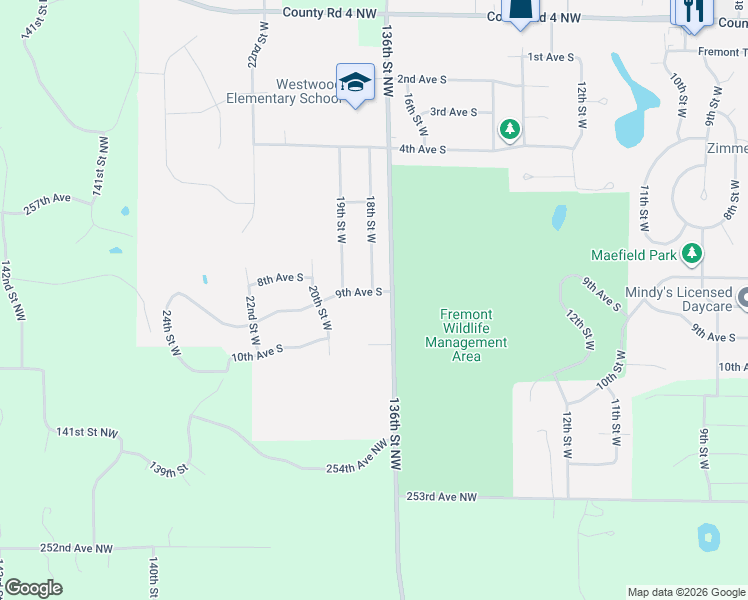 map of restaurants, bars, coffee shops, grocery stores, and more near 13628 9th Avenue South in Zimmerman